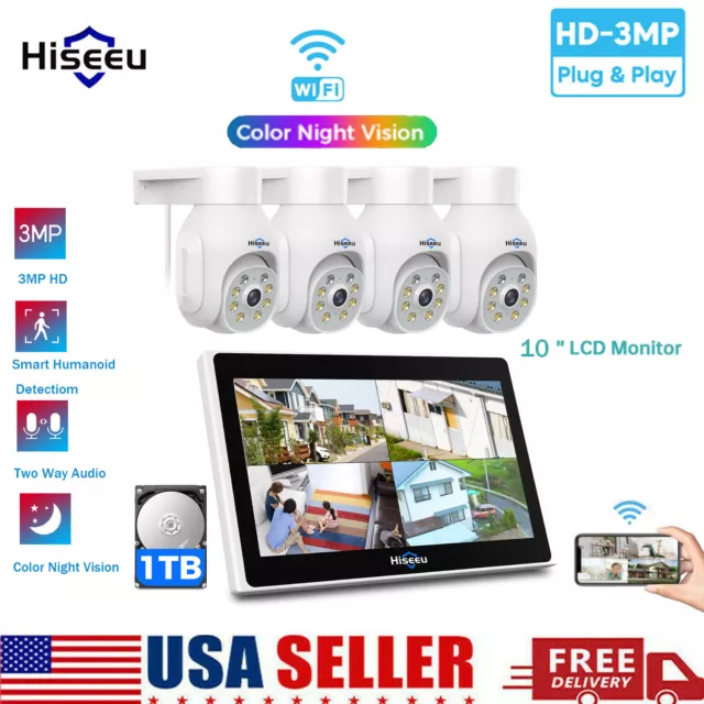 Used 3MP Wireless Wifi Security Camera System 10CH NVR 10'' LCD Monitor Outdoor