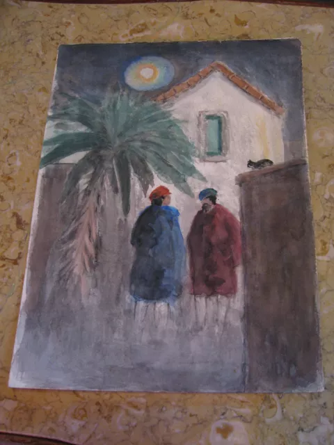 Vtg Antique Early 20th Cent. E A Trego Watercolor Painting & Pastel Men Talking