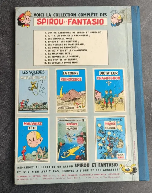 Spirou et Fantasio Le Gorille A Bonne Mine 1959 EO Dos Papier Pincé Bleue 2