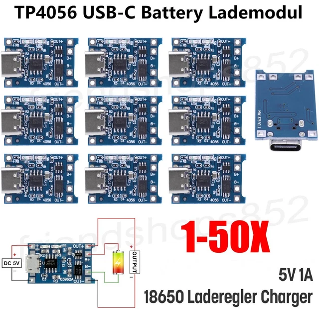 Produktbild von TP4056 USB-C Lademodul 5V 1A Für 18650 – Mit Schutzschaltung, 1–50 Stück Wählbar