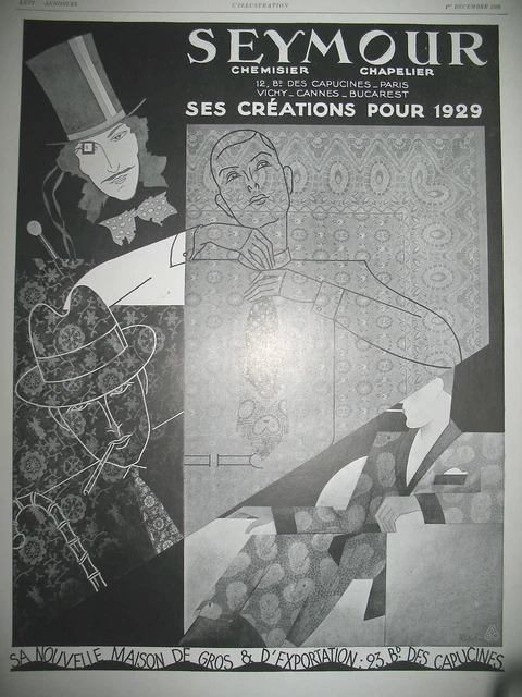 Publicite De Presse Seymour Chemisier Chapelier Illustration Debatier Ad 1928