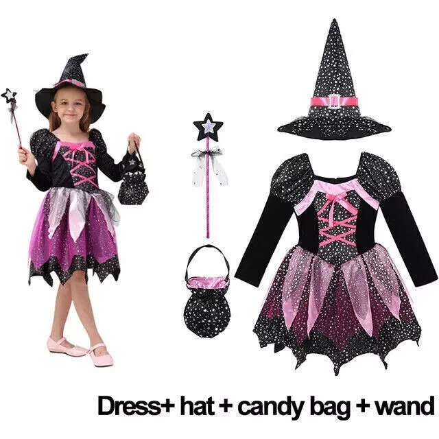 Girls Halloween Witches Hat Fancy Dress Costume Witch Outfit Kids World Book Day