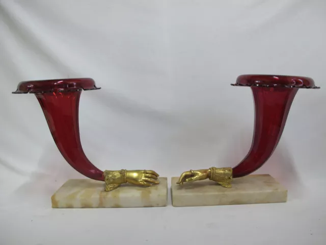 VICTORIAN Cranberry Glass CORNUCOPIA Gilt Bronze HANDS Vase Pair on Marble Stand