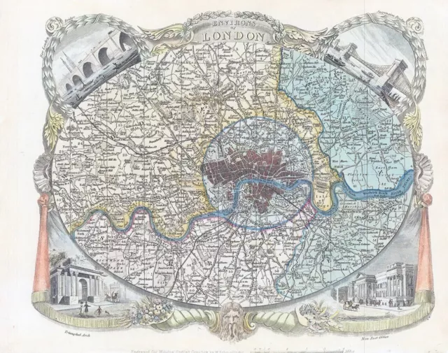 1837 ENVIRONS OF LONDON Print Of Antique Map by Thomas Moule 71cmx60cm