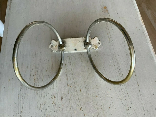 Antique Nickel Brass Towel Robe Double Ring Hoop Swing Loop Holder Vtg  41-21J