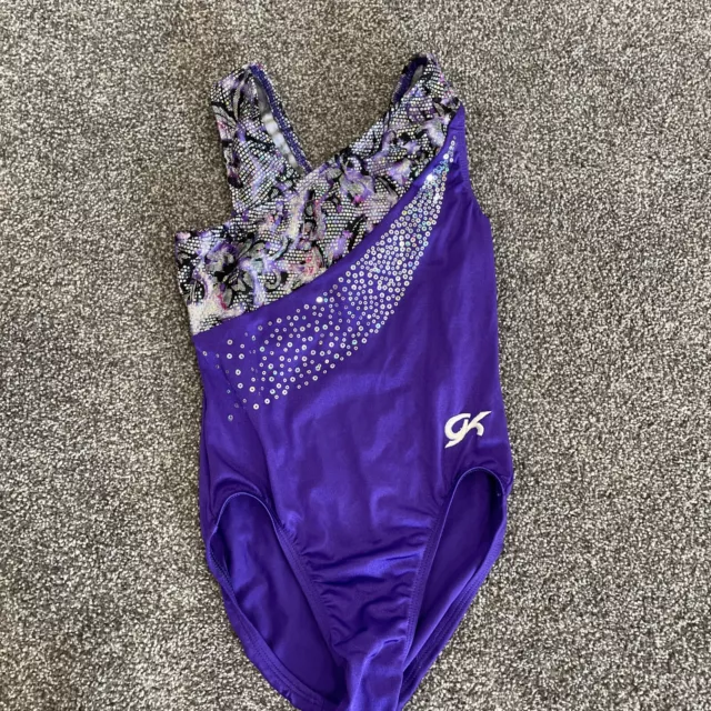 GK Gymnastics Leotard Purple Silver Print Sequins Asymmetric Shoulder Size CL