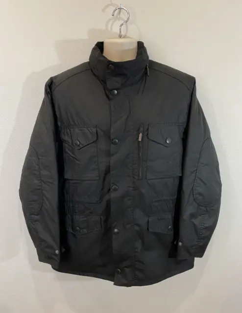 Barbour Sapper Wax Jacket - Foldable Hood Coduroy Collar Mens Large L Black Coat