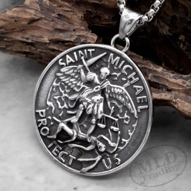 Archangel Saint St Michael Medal Stainless Steel Medallion Pendant Necklace