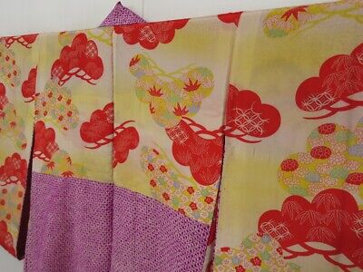 1531T08z380 Antique Japanese Kimono Silk SHIBORI HAORI Purple Flower