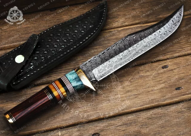 Custom Hand Made Damascus Steel Fixed Blade Knife With Sheath, snake wood