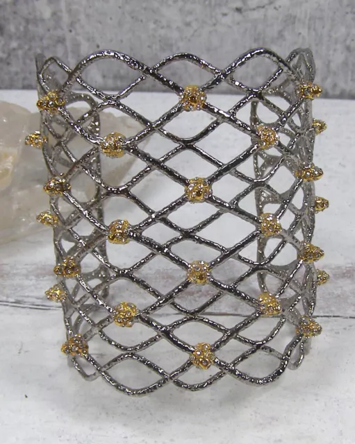 Alexis Bittar Wide Gunmetal Gold Geometric Lattice Crystal Studs Cuff Bracelet