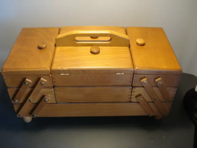 Wonderful Romanian Oak Wood Sewing Box Dovetail Expandable Accordion Style