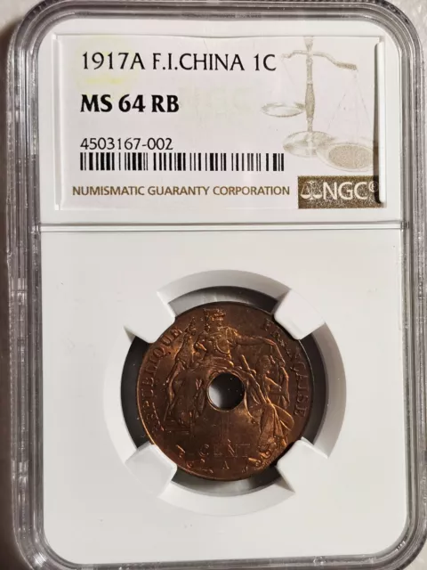 French Indochina 1 Cent 1917A NGC MS 64 RB
