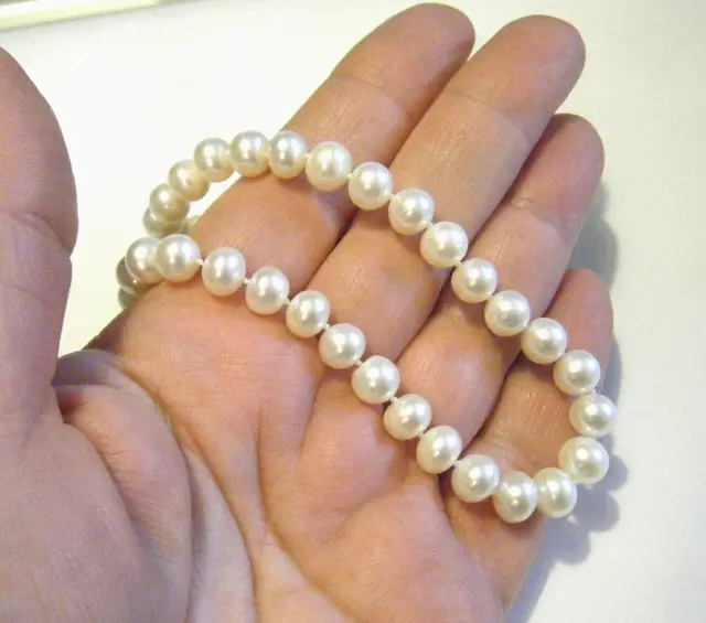 Vintage Genuine White 8mm Fresh Water Pearl Necklace Hand Knotted 14k Gold Clasp