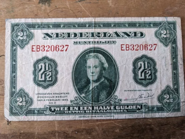 Netherlands 2 1/2 Gulden Banknote. 1943.