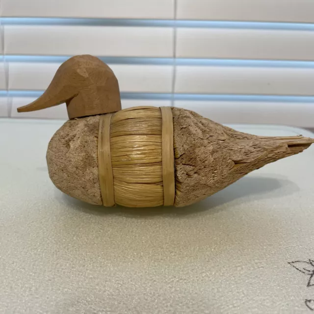 Vintage Duck Decoy Straw Corn Husk Reed Wood Folk Art Bird Figurine Handmade