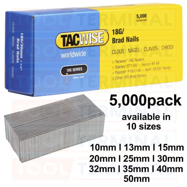 Tacwise 18G Gauge Brad Nails 10,13,15,20,25,30,32,35,40,50mm For Air Nail Gun