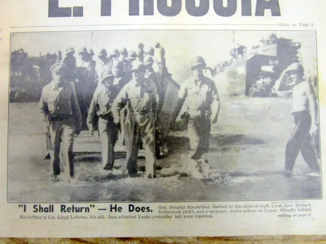1945 WW II newspaper w photo GEN MacARTHUR "I shall Return" to THE PHILIPPINES