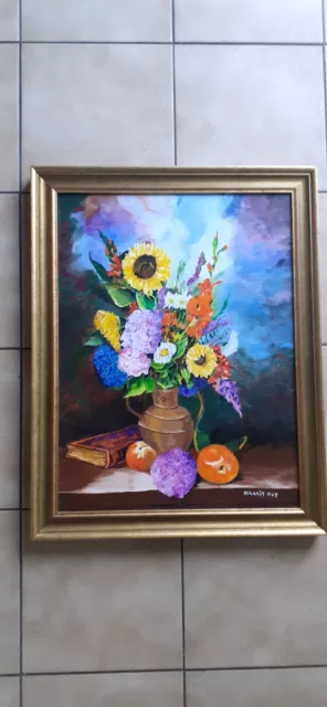 GLAÏEULS et TOURNESOLS . NATURE MORTE COLORÉE . HST 61x46 Cms . TABLEAU SIGNÉ