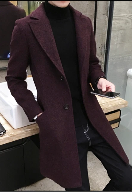 Mens Slim Long Trench Coat Classic Lapel Coat Jacket Single-Breasted Blend New