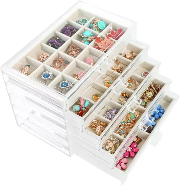 Earring Jewelry Organizer with 5 Drawers, Clear Acrylic Jewelry Box with Velvet