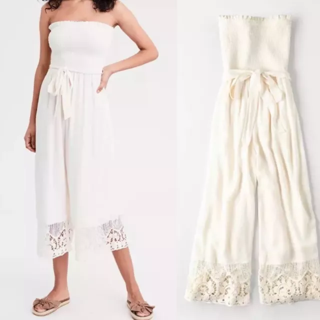 American Eagle Cream Crochet Smocked Strapless Jumpsuit Wide Leg Crop Boho Small