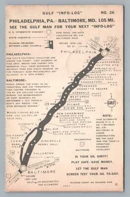 Gulf Gas Station Advertising Card w Route 1 Map & Mileage Vintage Philadelphia 2