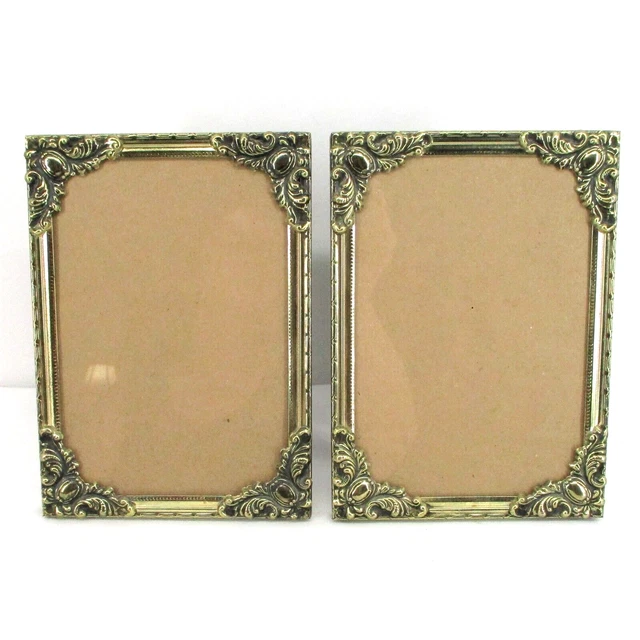Vintage Lot of 2 MCM Floral Edge Metal Picture Frames 5×7 Gold Tone Easel Brass