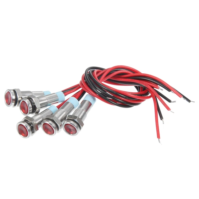 5uds 6mm Interior LED Indicador Luces 12-24V Plana Cabeza 150mm Rojo
