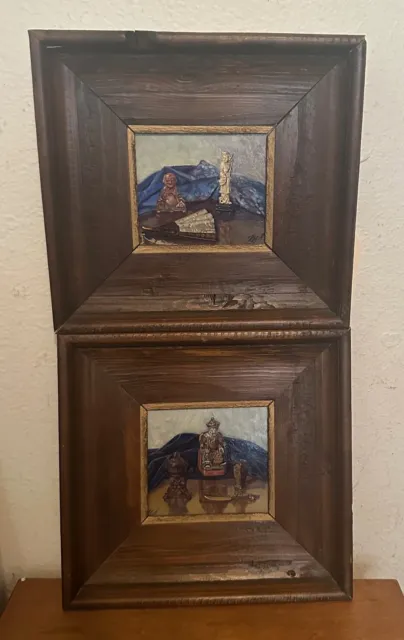 PAIR Small Vintage Signed Original Oil on Board Paintings, Chinese Still Life