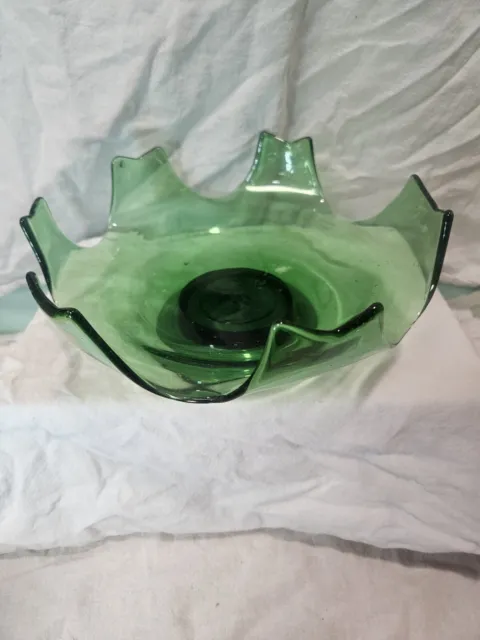 Vintage Glass Ruffle Bowl Green Hand Blown Large Art Glass Ruffled Edge Bowl