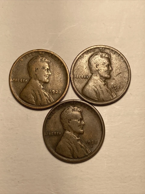 1920 P D S Lincoln wheat cent type set / 3 coin lot / old US antique pennies 1c