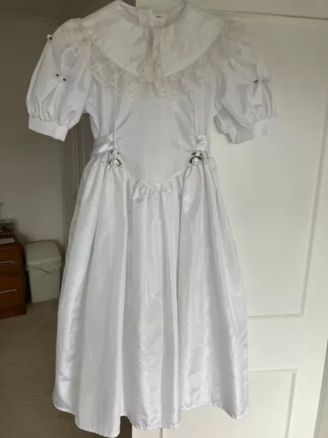 Girls vintage first holy communion dress 7-8yr white lace flower detail tie bow