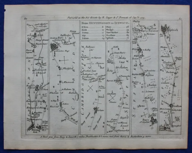 HUNTINGDON, ELY, STOWMARKET, IPSWICH, Pl 80, antique road map, Jefferys, 1775