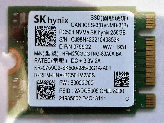 256GB SK HYNIX BC501 NVMe PCIe 2230 SSD (HFM256GDGTNG-83A0A