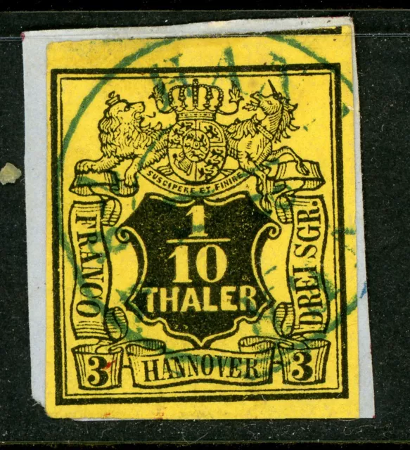 Germany 1851 Hanover 1/10 th Yellow Scott # 6 VFU N438