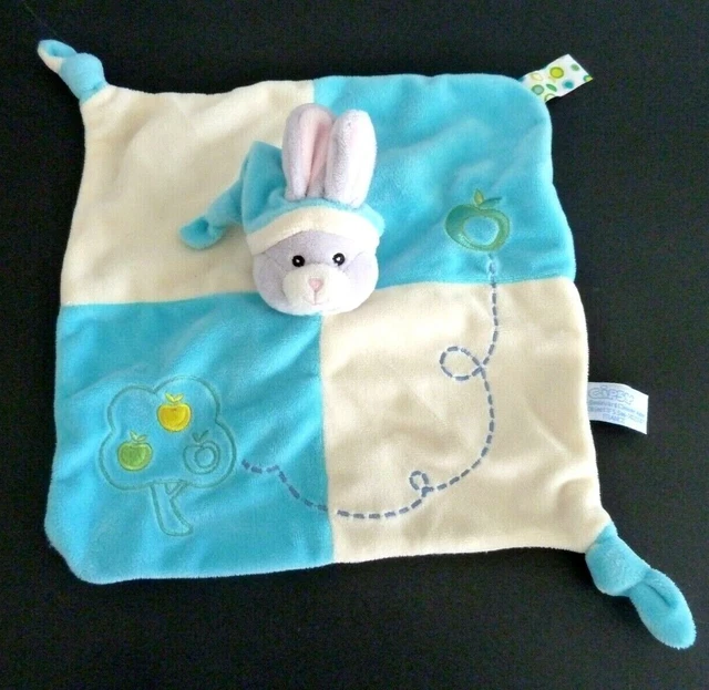 28. DOUDOU GIPSY PLAT LAPIN BLEU BLANC ECRU POMMIER POMME BONNET lire svp