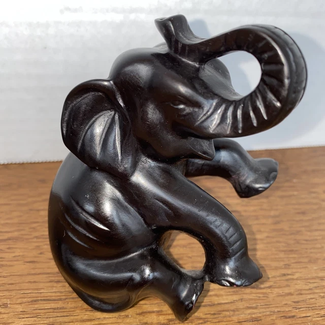 Baby Elephant Figure Trunk Up Sitting Good Luck Black Small Resin Statue
