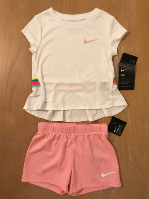 New! Toddler Girls Nike Dri-fit 2 Piece Short Set White & Pink Size 3T