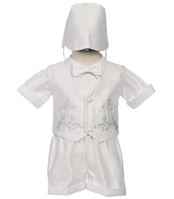 New Baby Boys White Shorts Set Outfit Christening Baptism Dedication w Cross Hat
