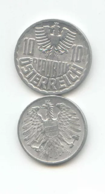 AUSTRIA 1972 10 Groschen 1964 2 Groschen - Two Coins Republik Osterreich