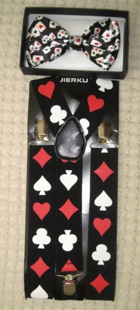 Poker Player Cards 4 Suite Adjustable Bow Tie and Poker 1 1/2" Suspenders-New!v5