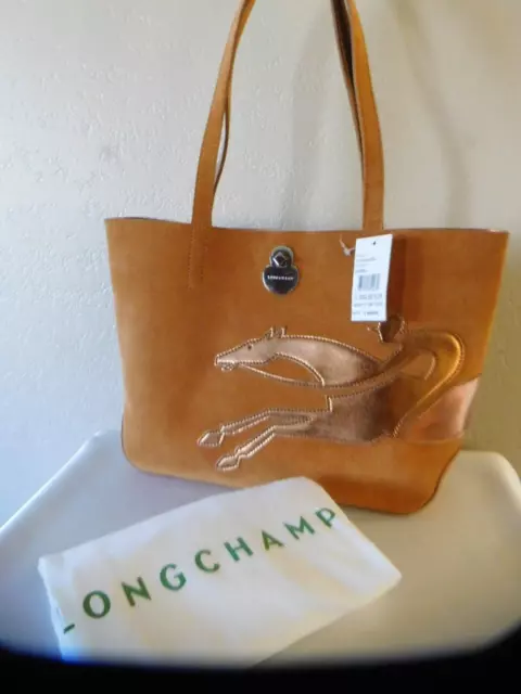 New Longchamp SHOP IT Medium Camel Suede Leather Tote Shoulder Bag, Handbag