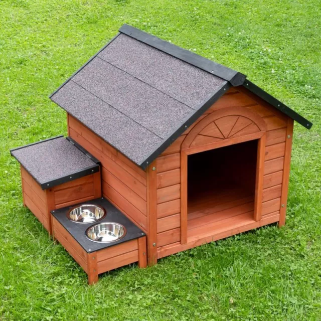 Cuccia in legno per cani da esterno con tetto apribile e ciotole vano portacibo