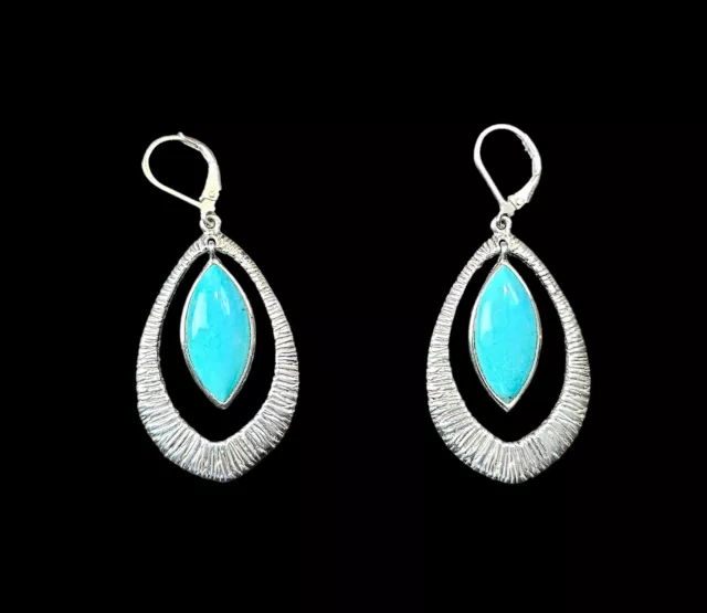 925 Sterling Silver & Turquoise Stone Leverback Dangle Earrings 2 Inches 8.86g