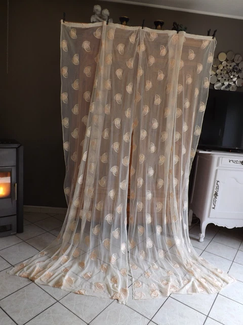 grande paire de rideaux, tulle brodé, ancienne