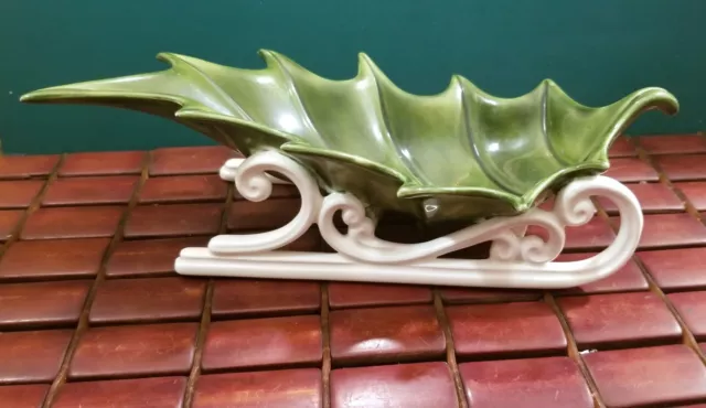 Vintage Atlantic & Holland Ceramic Christmas Holly Leaf Sleigh Candy Dish 11"x5" 2