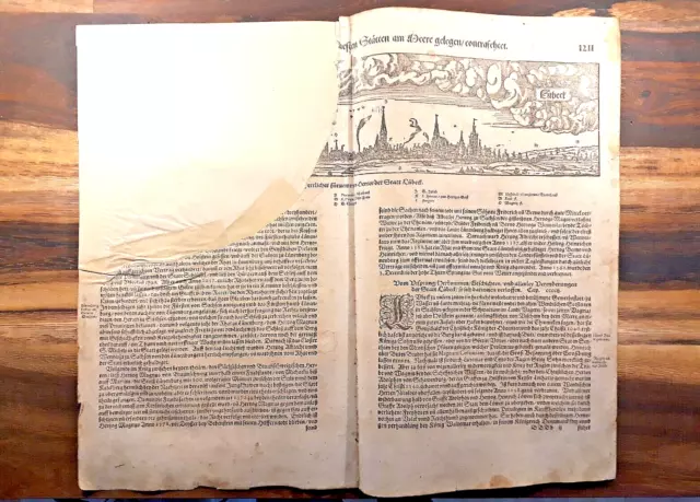 Cosmographia, Münster, Original Fragment, deutsch Fraktur, Lübeck, Holzschnitt