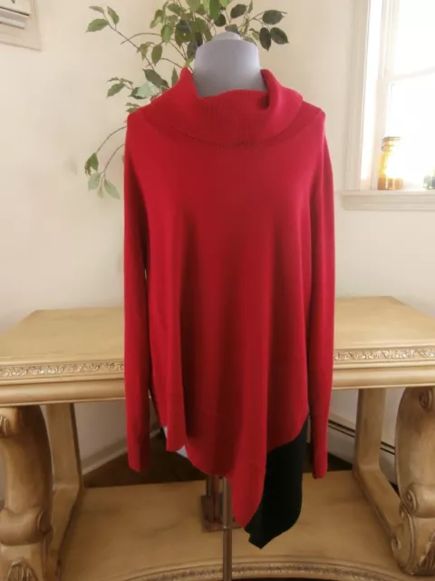 Chico's Size 3 Cowl Neck Long Sleeve Red Black Accent Asymmetrical Hem Tunic Top