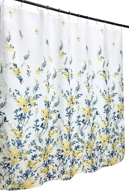 Decorative Fabric Floral Shower Curtain Watercolor Flowers Leaves Blue Yellow